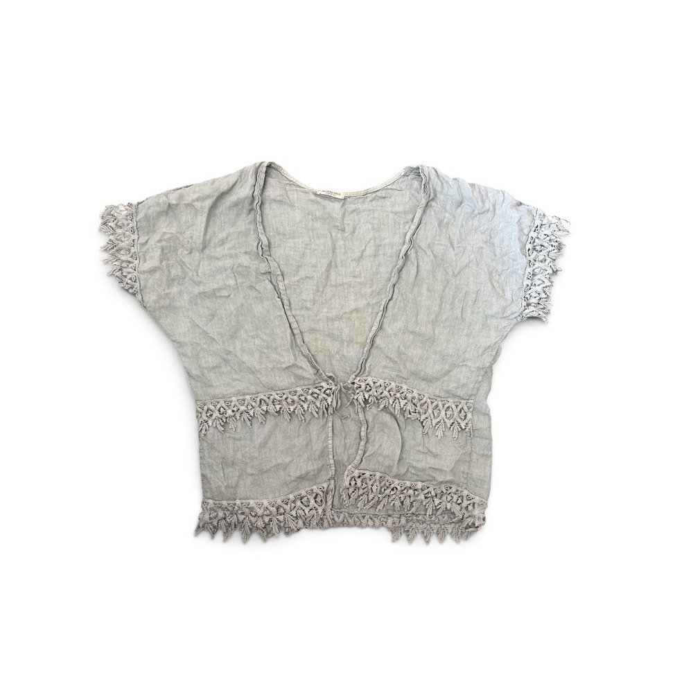 Valentina Naldi Italy 100% Linen Lace Trim Tie Front Shrug Cardigan Sage Green L